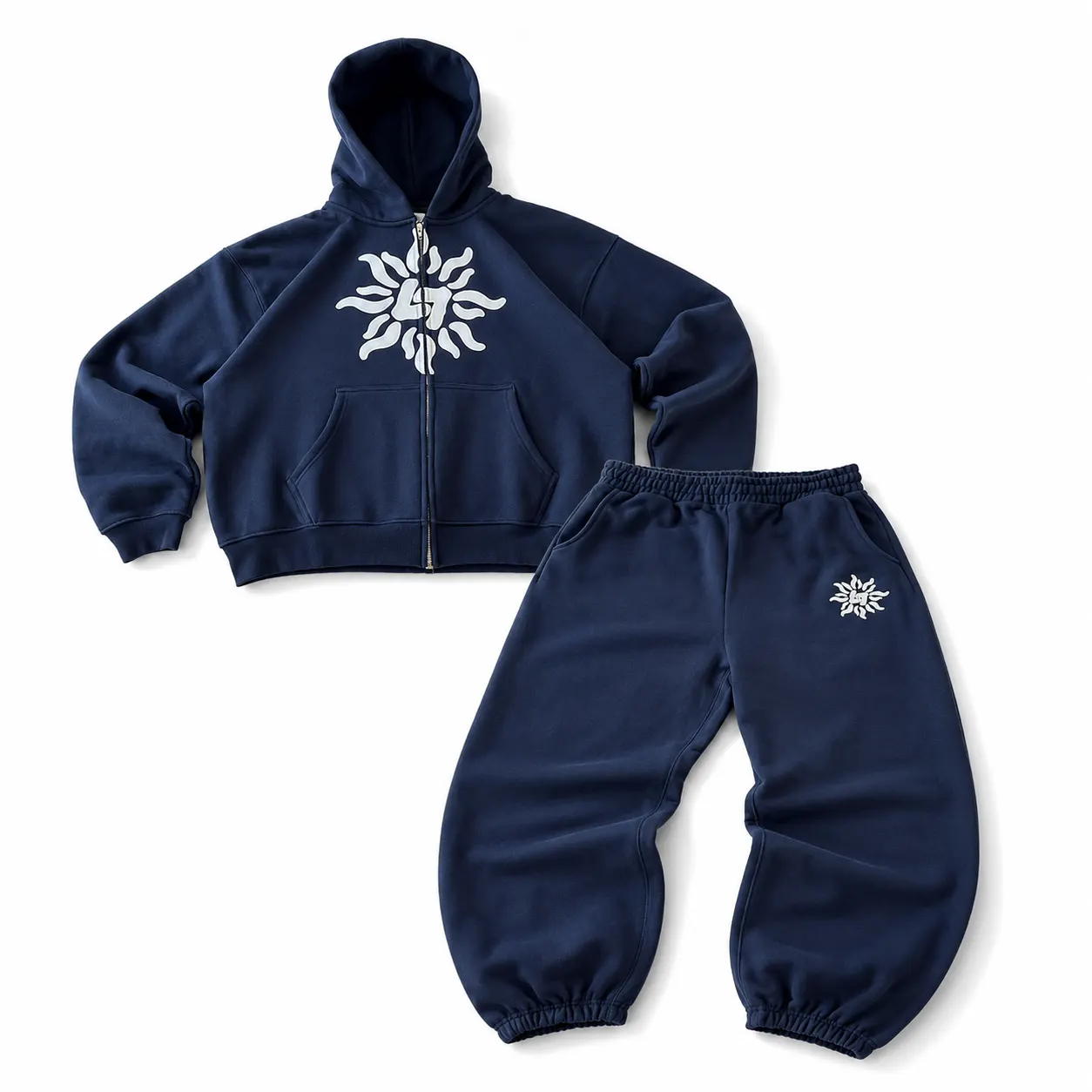 47 Sun Graphic Hoodie Set – ชุดฮู้ดซิป + กางเกงสตรีท Navy